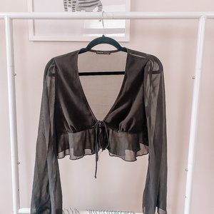 Tie Front Ruffle Hem Bell Sleeve Top